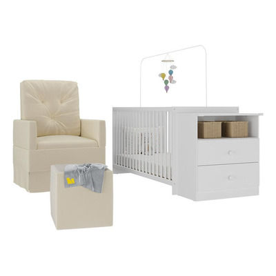 Berço Cômoda Com Colchão, Poltrona De Amamentação E Puff Meu Bebê Multimóveis Mp4102 Branco/bege Branco/bege