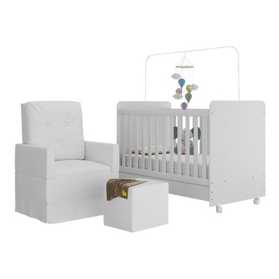 Berço Americano 3x1 Com Colchão, Poltrona Amamentação E Puff Bambino Multimóveis Mp4107 Branco Branco