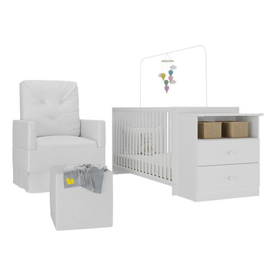 Berço Cômoda Com Colchão, Poltrona De Amamentação E Puff Meu Bebê Multimóveis Mp4108 Branco Branco