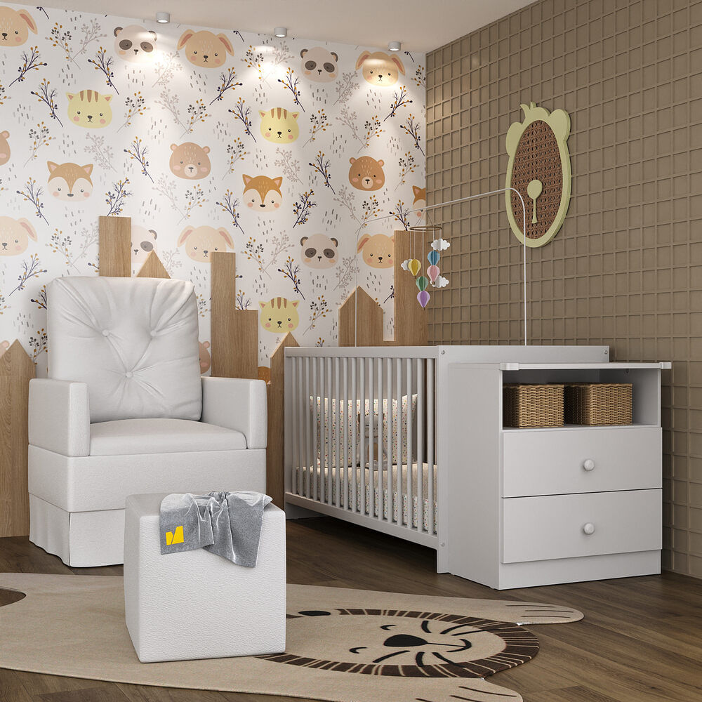 Encontraproduto.com.br - Berço Cômoda Com Colchão, Poltrona De Amamentação E Puff Meu Bebê Multimóveis Mp4108 Branco Branco