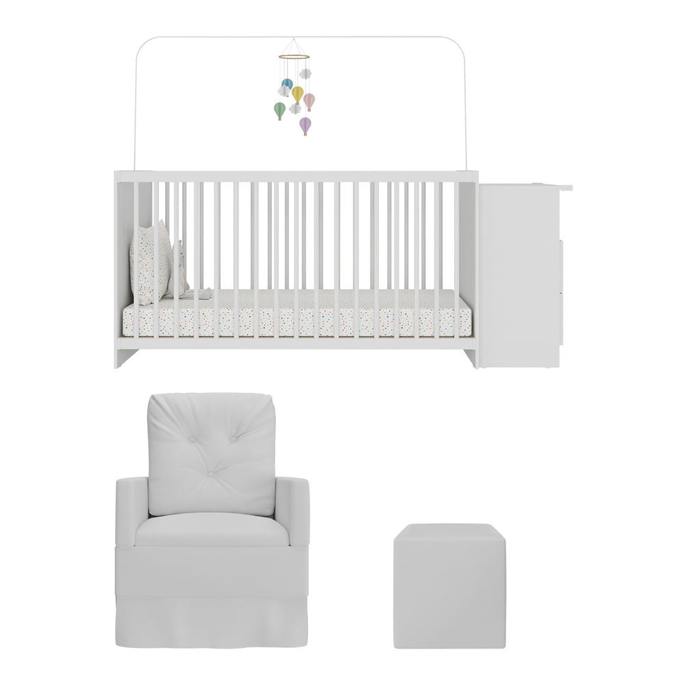 Encontraproduto.com.br - Berço Cômoda Com Colchão, Poltrona De Amamentação E Puff Meu Bebê Multimóveis Mp4108 Branco Branco