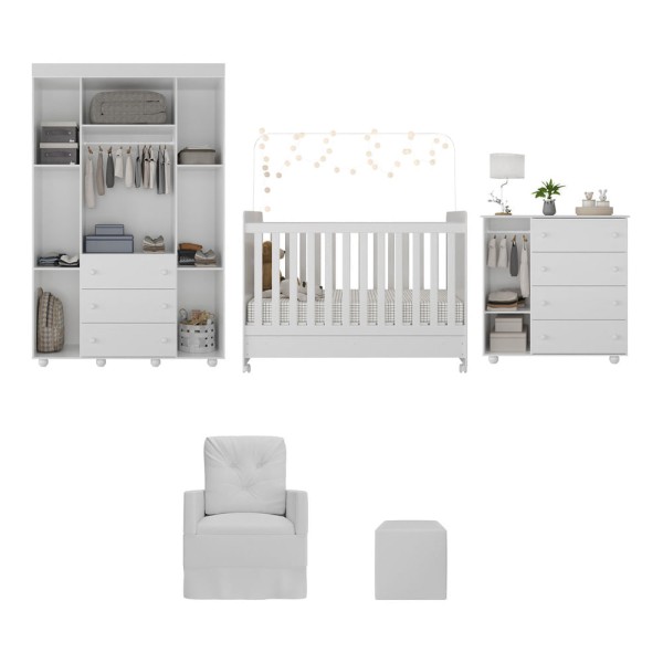 Encontraproduto.com.br - Quarto Completo com Colchão, Poltrona de Amamentação e Puff Pimpolho Multimóveis MP4109 Branco