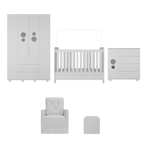 Encontraproduto.com.br - Quarto Completo com Colchão, Poltrona de Amamentação e Puff Pimpolho Multimóveis MP4109 Branco