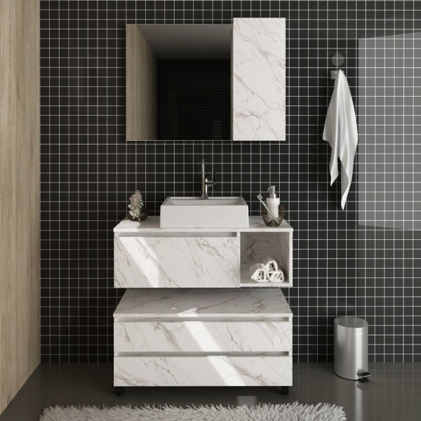Encontraproduto.com.br - Gabinete De Banheiro Com Cuba E Espelheira 80cm Multimóveis Cr10094 Mármore Branco Mármore Branco