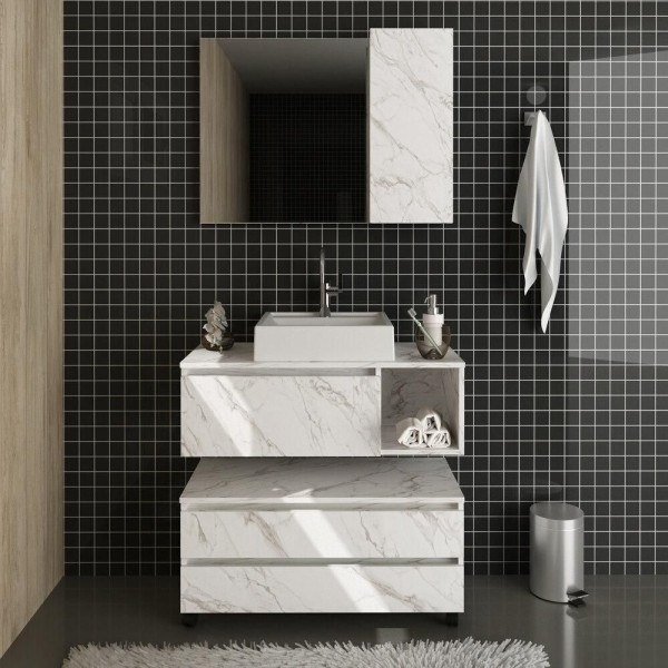 Encontraproduto.com.br - Gabinete De Banheiro Com Cuba E Espelheira 80cm Multimóveis Cr10094 Mármore Branco Mármore Branco