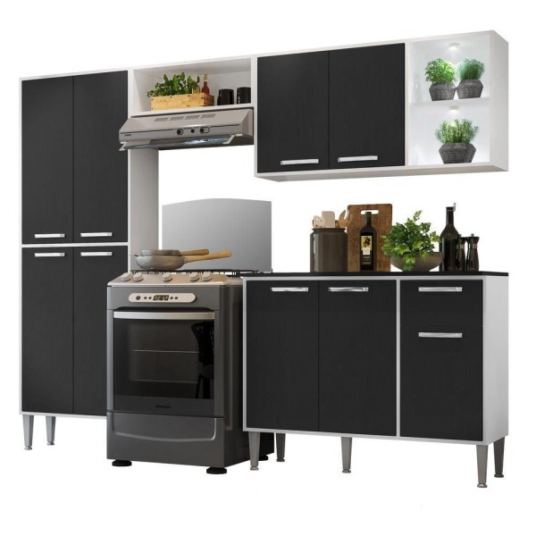 Cozinha Compacta C/ 2 Leds 4 Pçs Xangai Multimóveis V3414 Branca/Preta Branco/Preto