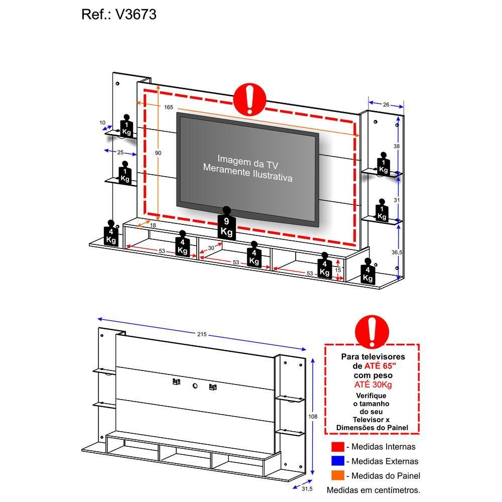 Encontraproduto.com.br - Painel c/ Sup TV 65 e 2 Leds Vegas Premium Multimóveis V3673