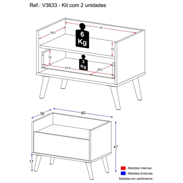 Encontraproduto.com.br - Kit com 2 Mesas de Cabeceira 60cm Retrô Multimóveis V3633