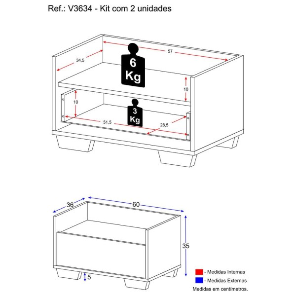 Encontraproduto.com.br - Kit com 2 Mesas de Cabeceira 60cm Multimóveis V3634