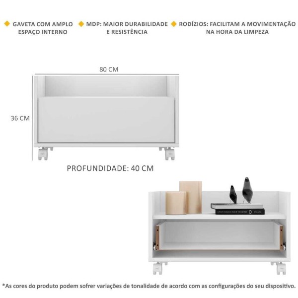 Encontraproduto.com.br - Mesa De Cabeceira 80Cm Com Rodízios Multimóveis V4006 Branca Branco