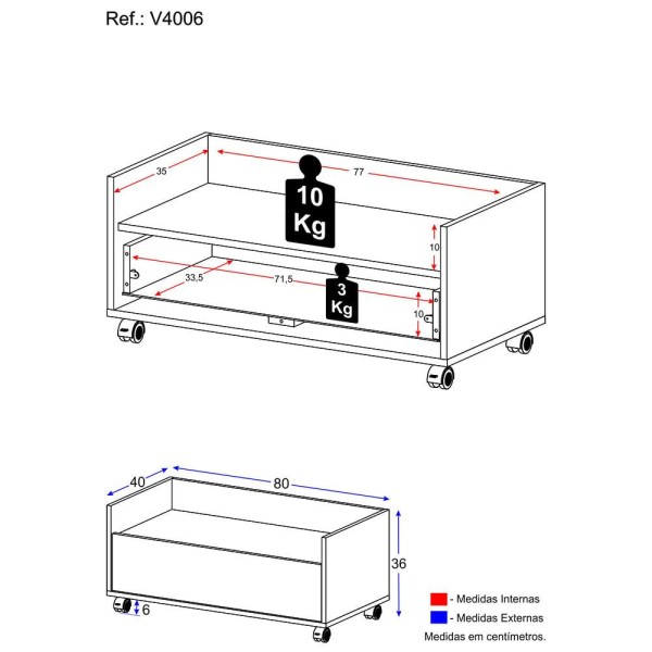 Encontraproduto.com.br - Mesa De Cabeceira 80Cm Com Rodízios Multimóveis V4006 Branca Branco