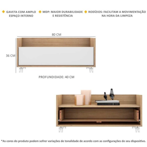 Encontraproduto.com.br - Mesa De Cabeceira 80Cm Com Rodízios Multimóveis V4006 Rustic/Branca Rustic/Branco