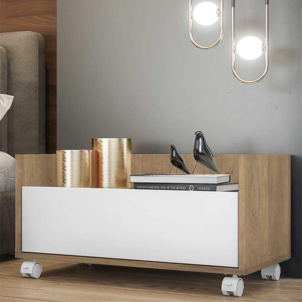 Encontraproduto.com.br - Mesa De Cabeceira 80Cm Com Rodízios Multimóveis V4006 Rustic/Branca Rustic/Branco