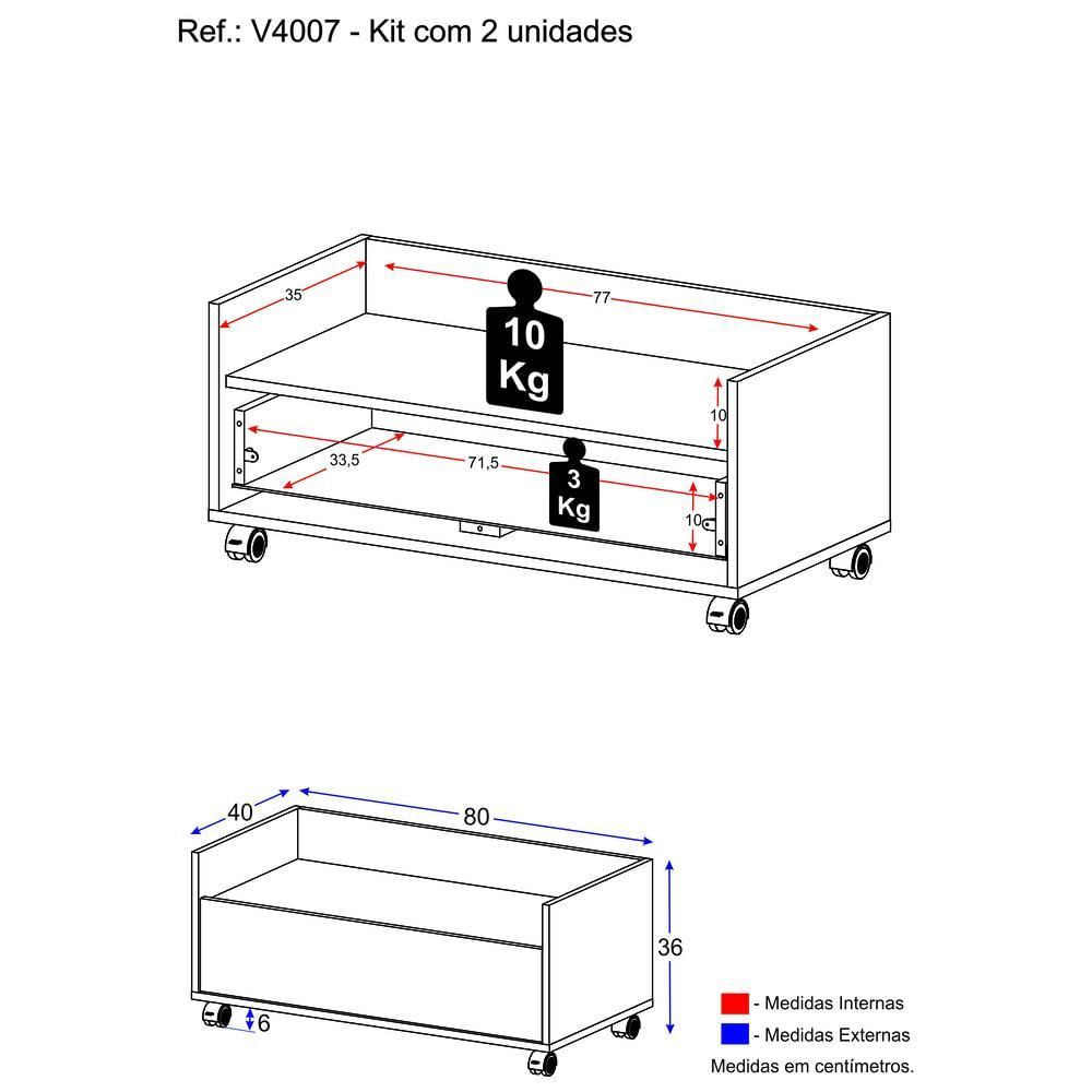 Encontraproduto.com.br - Kit 2 Mesas De Cabeceira 80cm Com Rodízios Multimóveis V4007 Acabamento Finish Foil Cor Branco