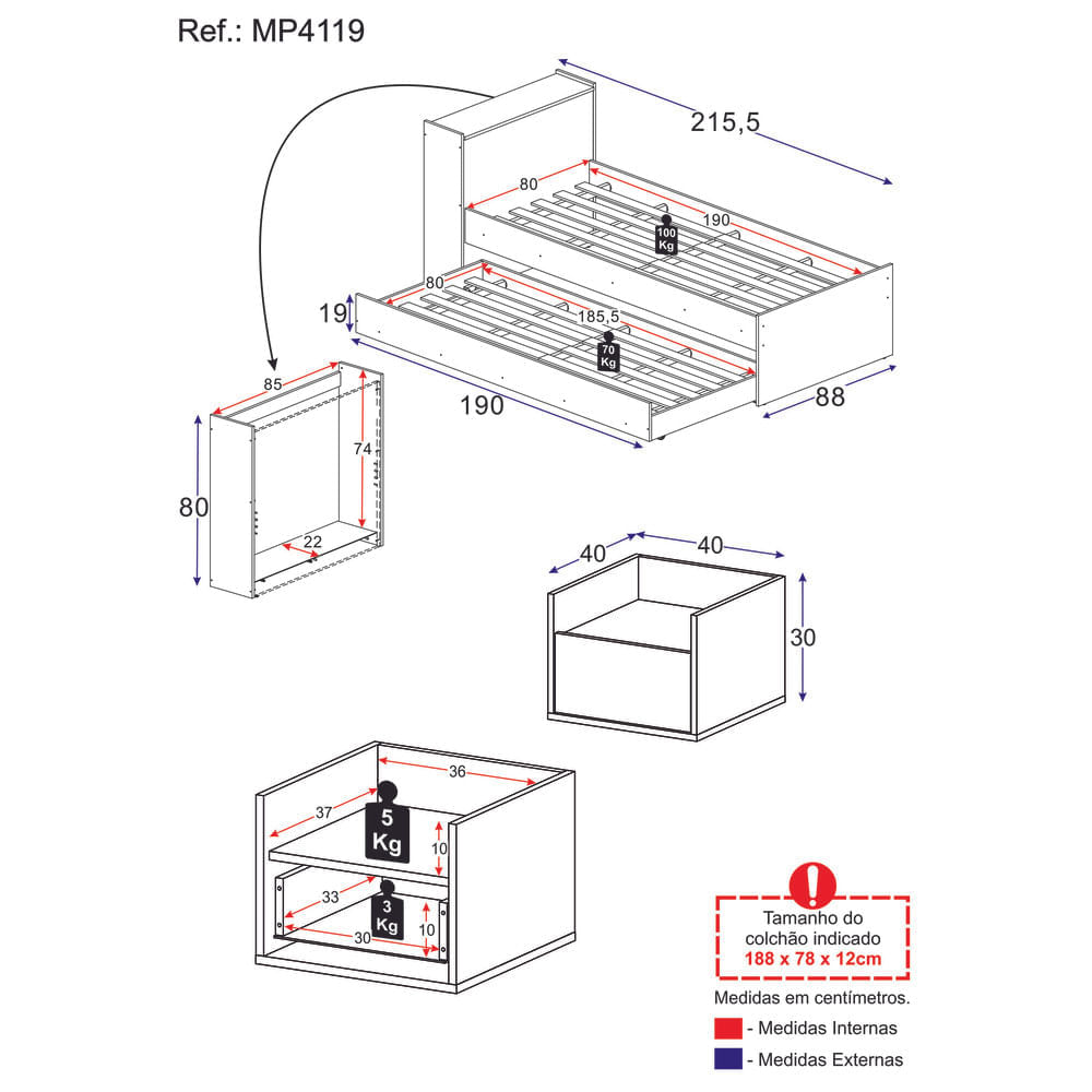 Encontraproduto.com.br - Conjunto Quarto Bicama Com Baú E Mesa De Cabeceira Suspensa Multimóveis Mp4119 Branco Branco