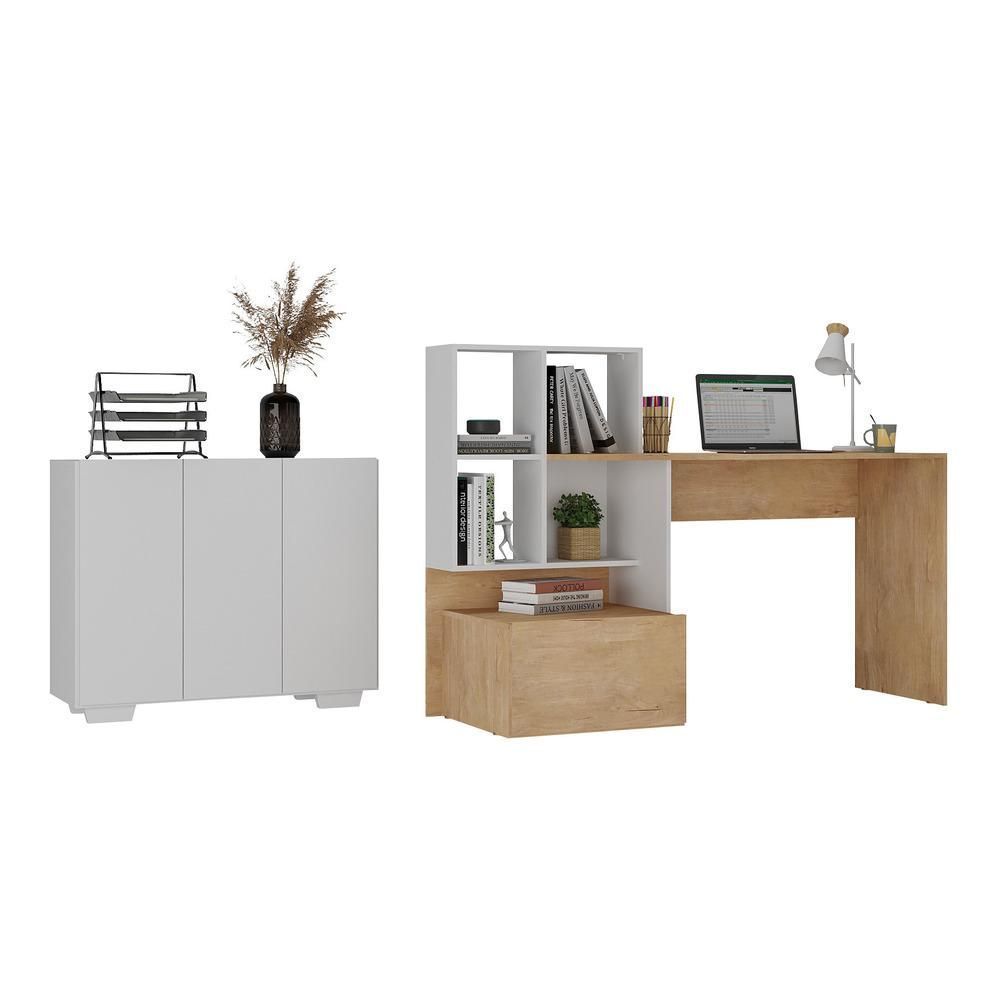 Encontraproduto.com.br - Conjunto Escritório Escrivaninha E Balcão 3 Portas Multimóveis Mp7007 Rustic/branco Rustic/branco