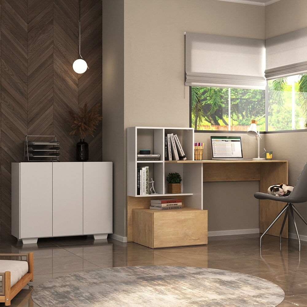 Encontraproduto.com.br - Conjunto Escritório Escrivaninha E Balcão 3 Portas Multimóveis Mp7007 Rustic/branco Rustic/branco