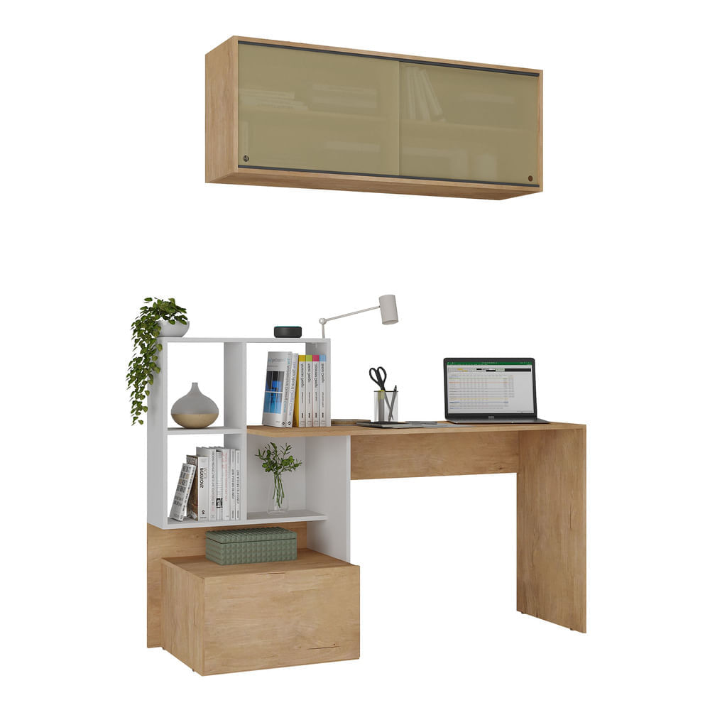 Conjunto Escritório Escrivaninha E Armário Aéreo 2 Portas Vidro Multimóveis Mp7006 Rustic/branco Rustic/branco