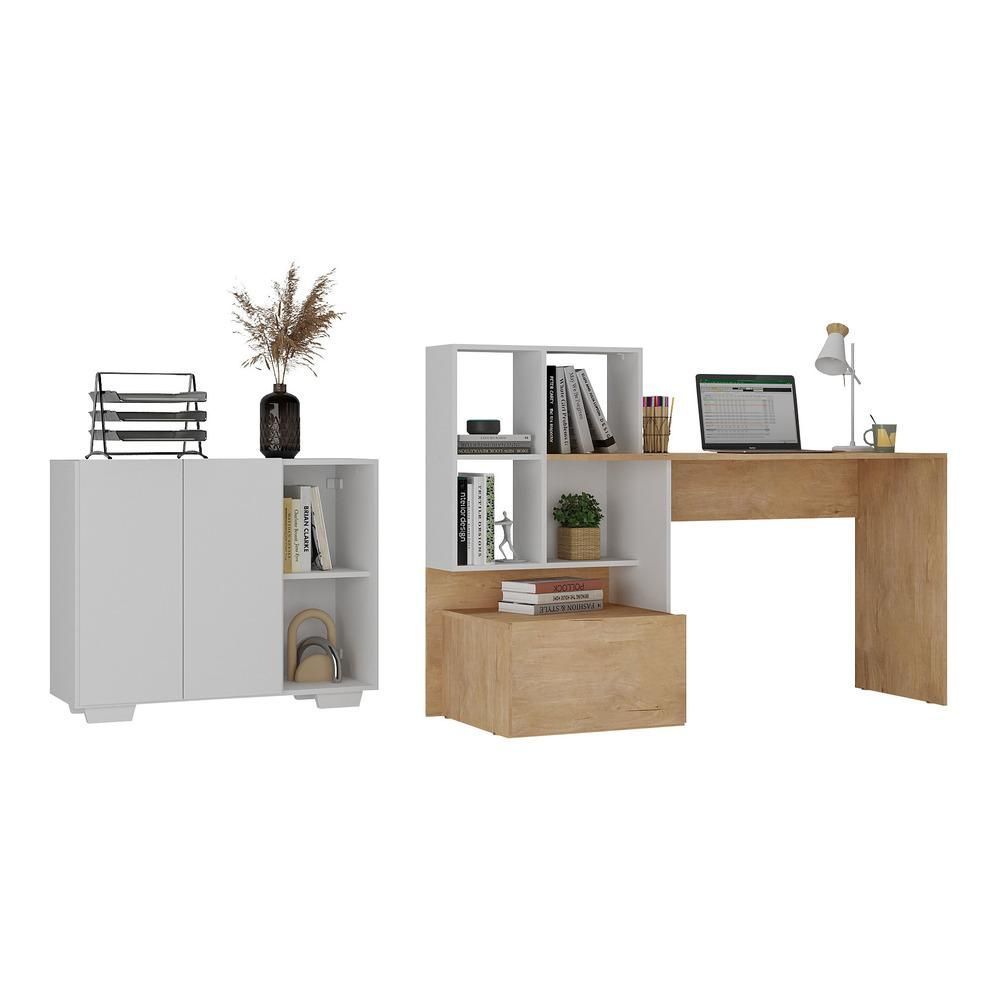 Encontraproduto.com.br - Conjunto Escrivaninha E Balcão Com Nicho Multimóveis Mp7009 Cor Rustic/Branco