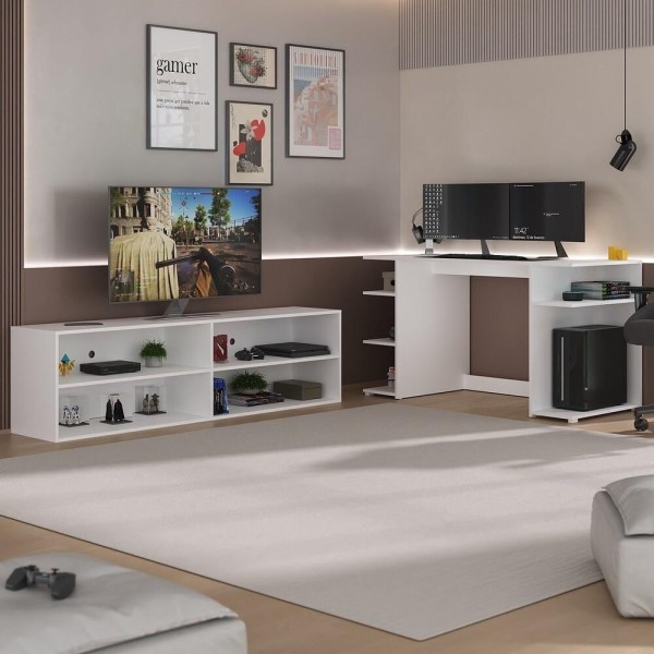 Encontraproduto.com.br - Conjunto Mesa Gamer E Rack Tv Até 75