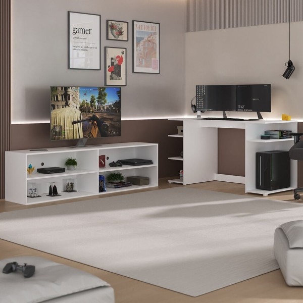 Encontraproduto.com.br - Conjunto Mesa Gamer E Rack Tv Até 75
