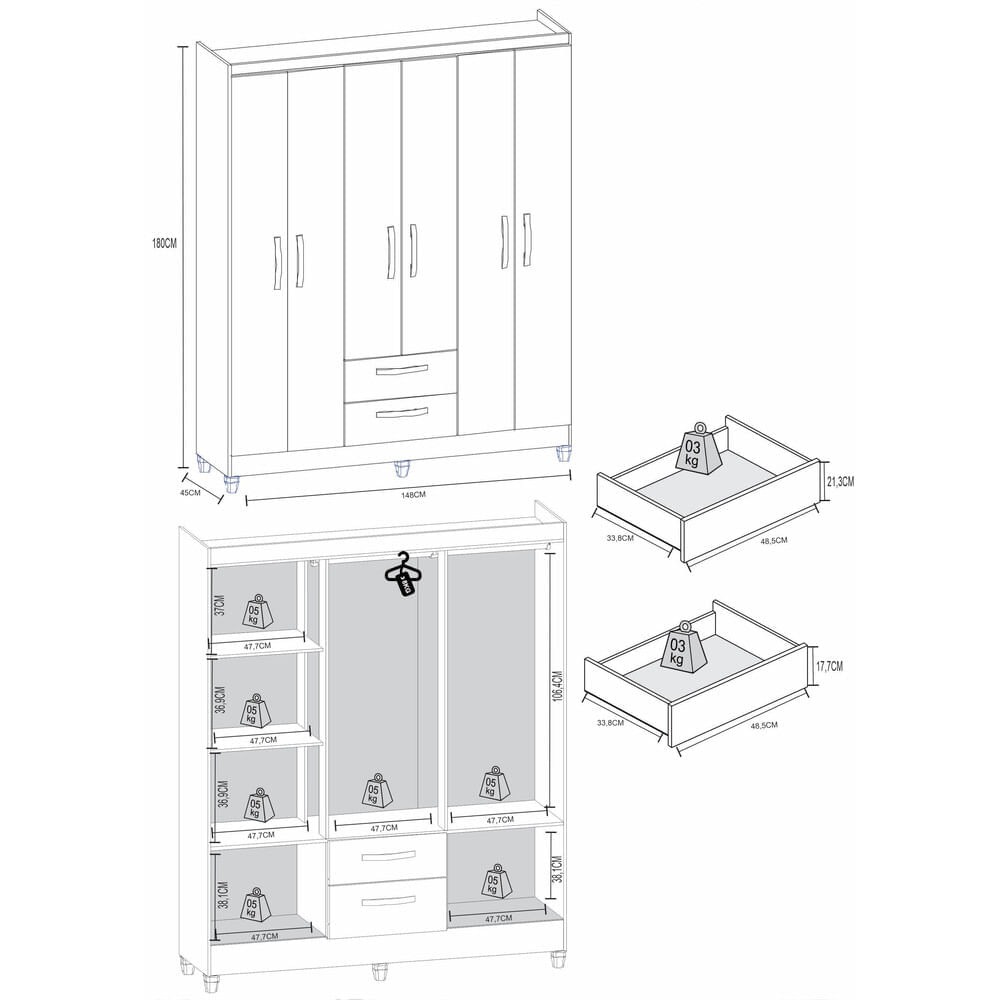 Encontraproduto.com.br - Guarda-roupas Com 6 Portas E 2 Gavetas Multimóveis Cr35137 Cor Branco Brilho