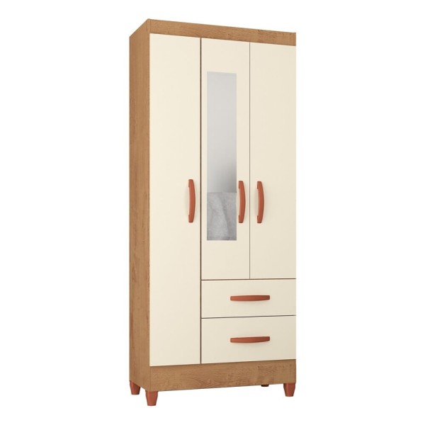 Encontraproduto.com.br - Guarda-Roupas 3 Portas 2 Gavetas com Espelho Multimóveis CR35142 Canelato Rústico/Natura Off White