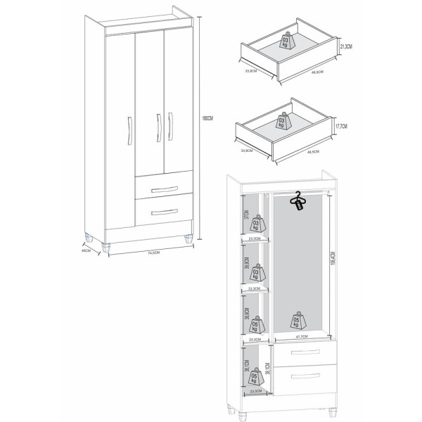 Encontraproduto.com.br - Guarda-Roupas 3 Portas 2 Gavetas com Espelho Multimóveis CR35142 Canelato Rústico/Natura Off White