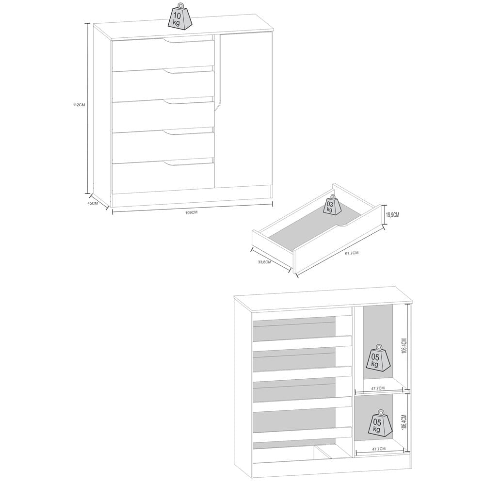 Encontraproduto.com.br - Cômoda 5 Gavetas 1 Porta Multimóveis Cr35147 Branco Branco
