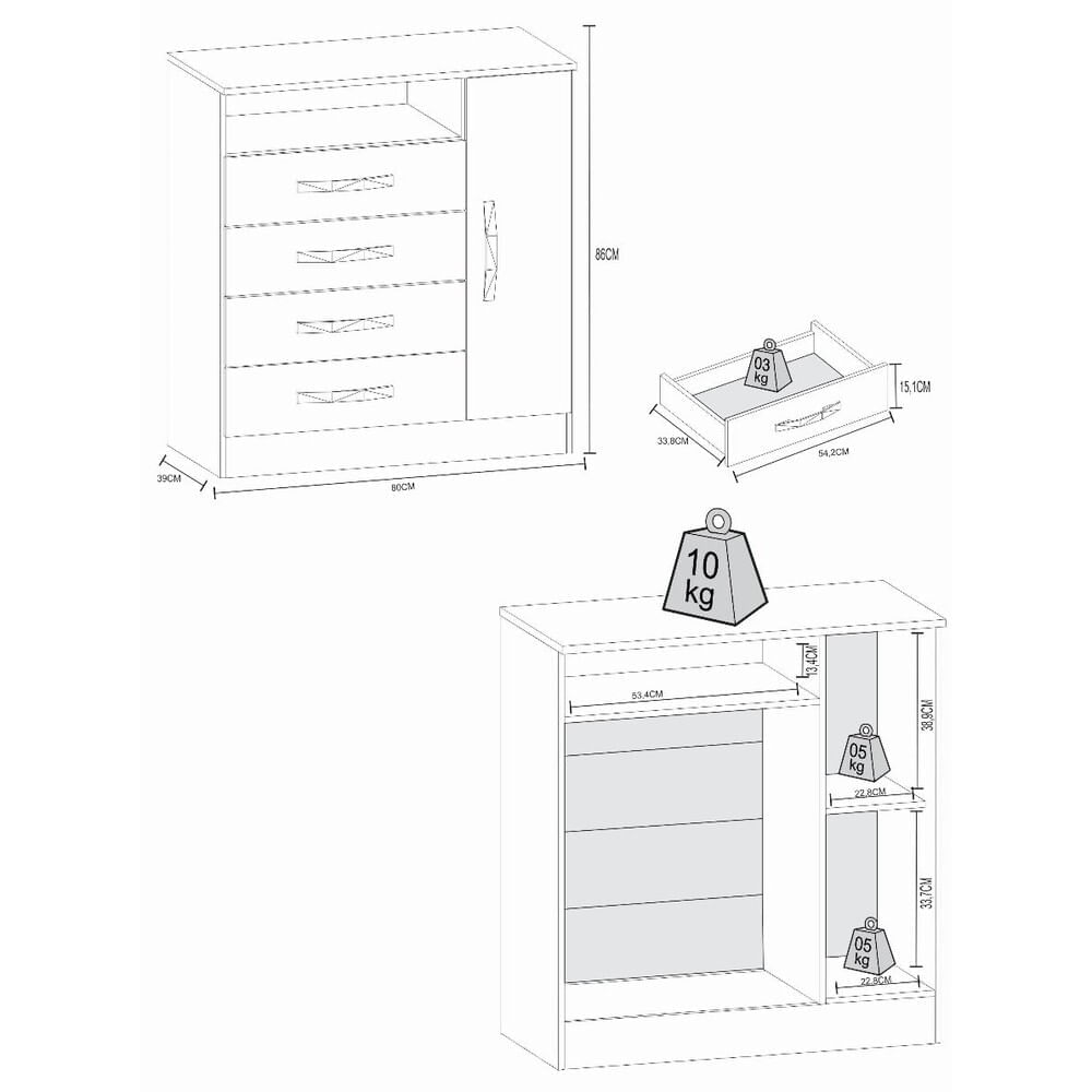 Encontraproduto.com.br - Cômoda 80cm 4 Gavetas 1 Porta Multimóveis Cr35150 Cor Branco