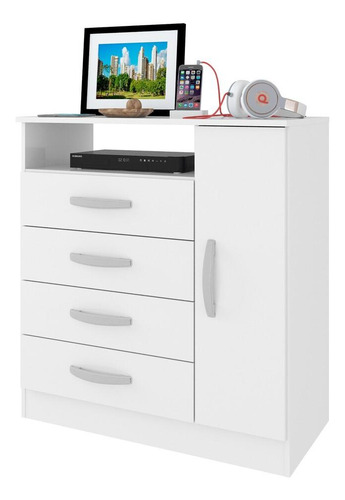 Encontraproduto.com.br - Cômoda 80cm 4 Gavetas 1 Porta Multimóveis Cr35150 Cor Branco