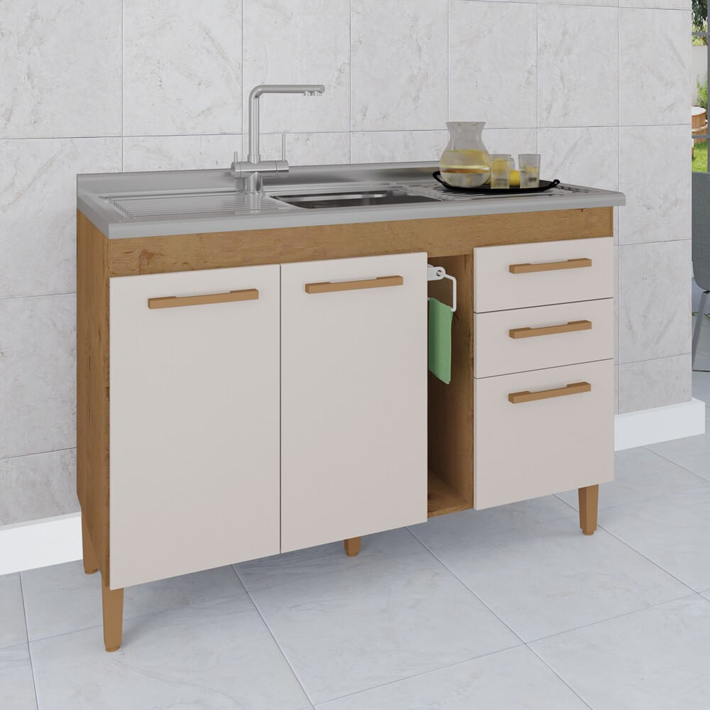 Encontraproduto.com.br - Balcão de Cozinha 120cm com Porta-toalhas Multimóveis CR20229 Canelato Rústico/Natura Off White