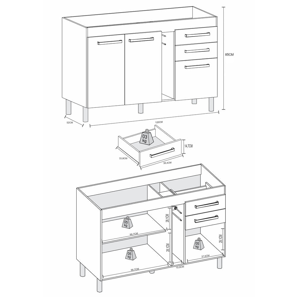 Encontraproduto.com.br - Balcão de Cozinha 120cm com Porta-toalhas Multimóveis CR20229 Canelato Rústico/Natura Off White