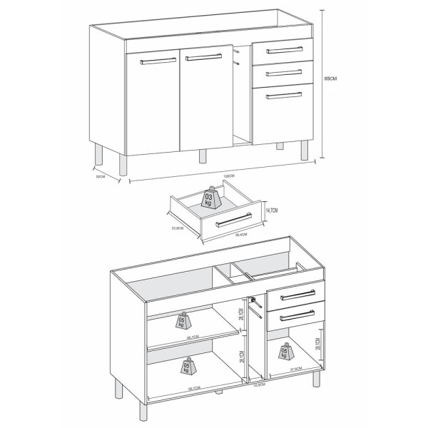 Encontraproduto.com.br - Balcão de Cozinha 120cm com Porta-toalhas Multimóveis CR20229 Canelato Rústico/Grafite