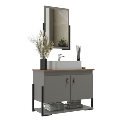 Gabinete Banheiro 60cm 2 Portas Com Cuba E Espelheira Multimóveis Cr10106 Cimento Cimento