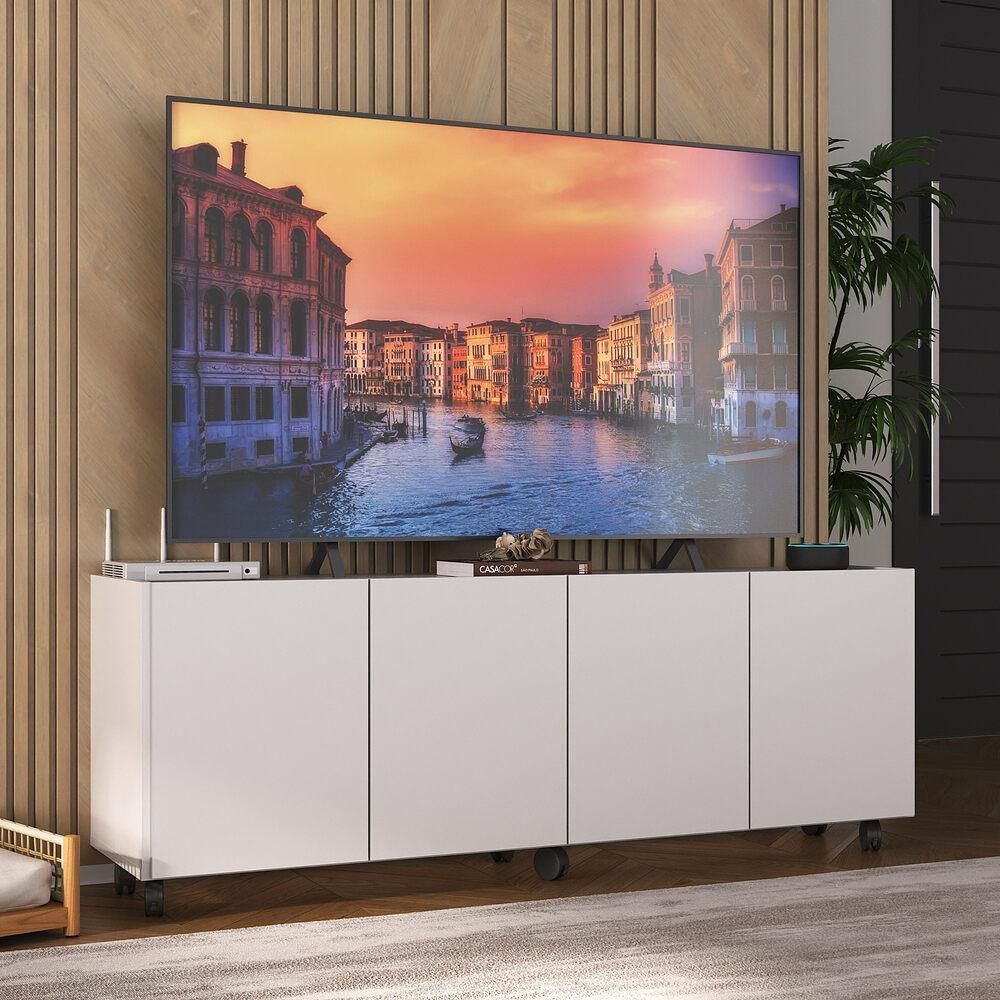 Encontraproduto.com.br - Rack Para Tv Até 50 Polegadas Com 4 Portas E Rodízios Multimóveis Mp1069 Branco Branco