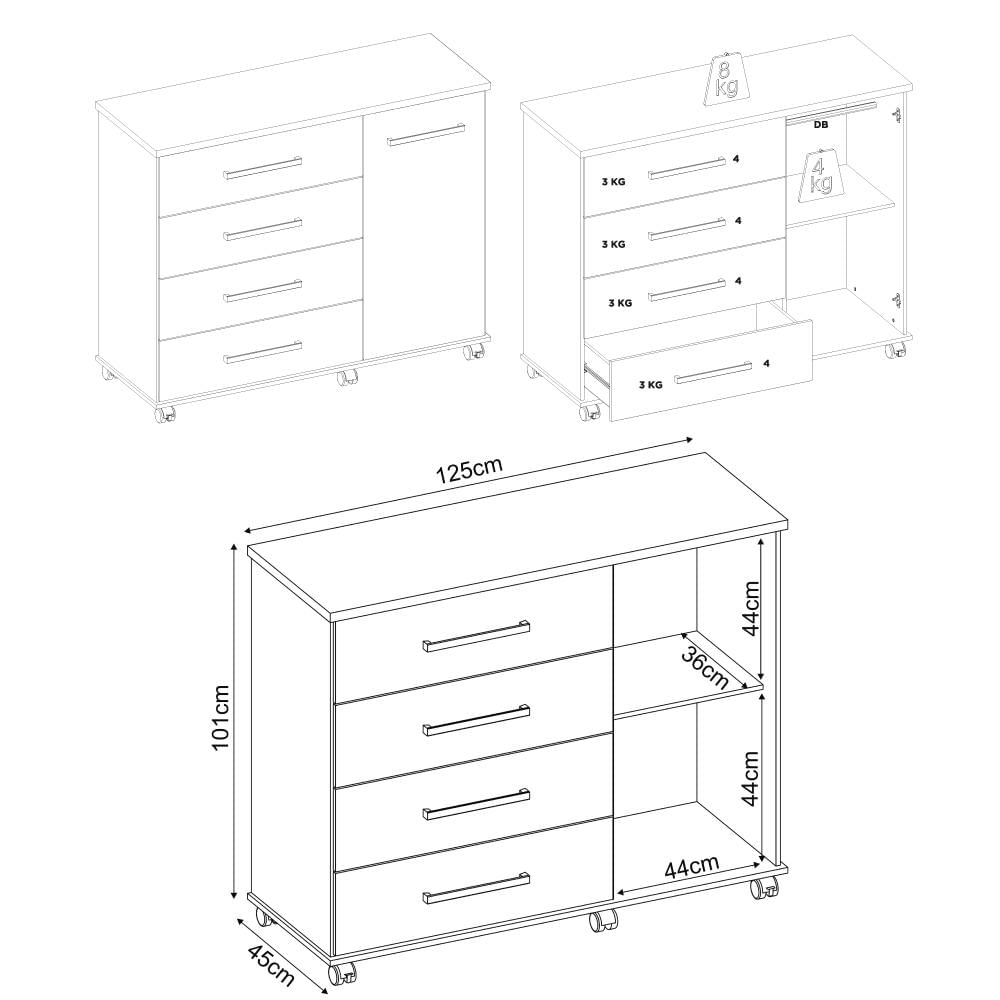 Encontraproduto.com.br - Cômoda 1 Porta e 4 Gavetas com Rodízios Multimóveis CR40114