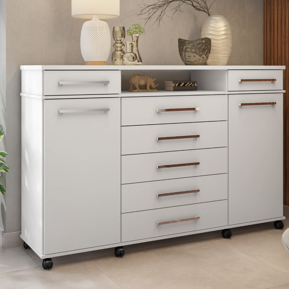 Encontraproduto.com.br - Cômoda 2 Portas 7 Gavetas com Rodízios Multimóveis CR40117 Branco