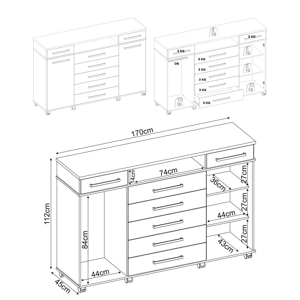 Encontraproduto.com.br - Cômoda 2 Portas 7 Gavetas com Rodízios Multimóveis CR40117 Branco