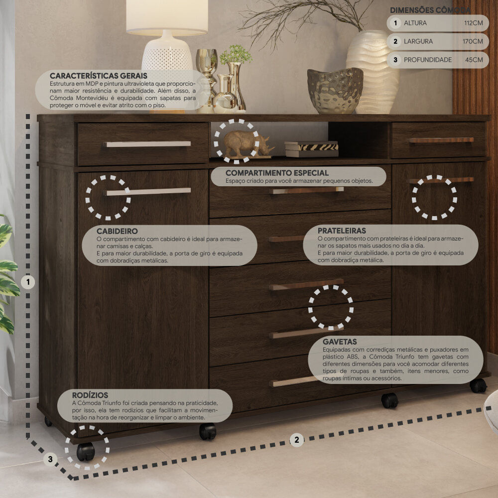 Encontraproduto.com.br - Cômoda 2 Portas 7 Gavetas com Rodízios Multimóveis CR40117 Ébano