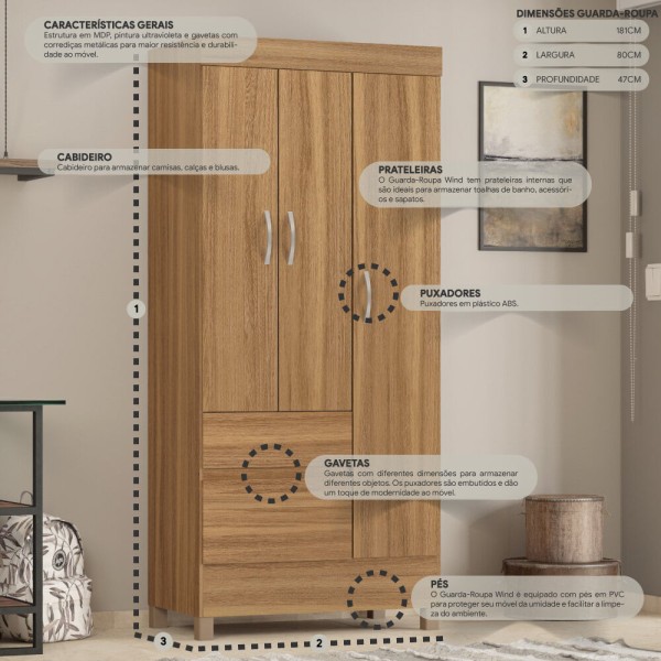 Encontraproduto.com.br - Guarda-roupas Solteiro 3 Portas Cr35186 Amêndola Amêndola