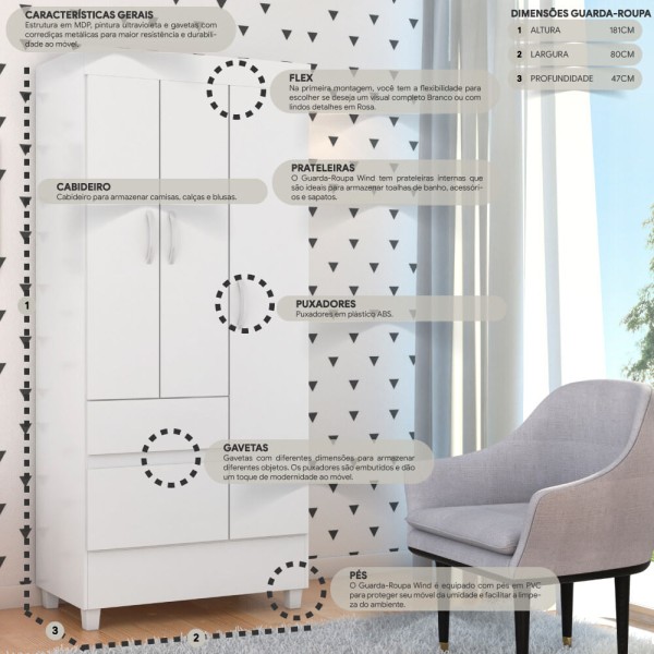 Encontraproduto.com.br - Guarda-roupas Solteiro 3 Portas Cr35186 Branco