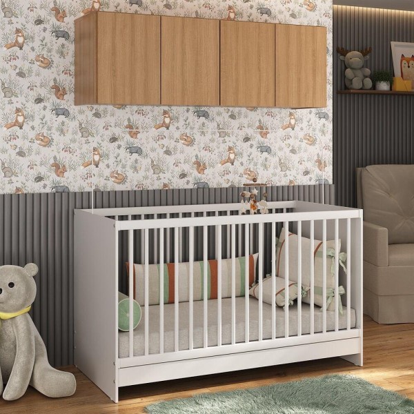 Encontraproduto.com.br - Berço 3 em 1 com Armário Aéreo 4 portas Multimóveis MP4140 Branco/Rustic