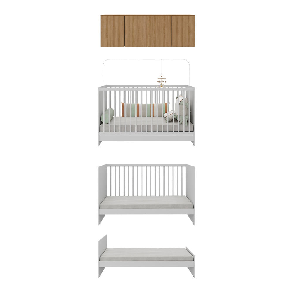Berço 3 em 1 com Armário Aéreo 4 portas Multimóveis MP4140 Branco/Rustic