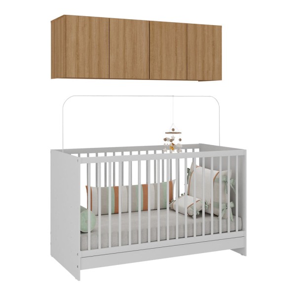 Encontraproduto.com.br - Berço 3 em 1 com Armário Aéreo 4 portas Multimóveis MP4140 Branco/Rustic