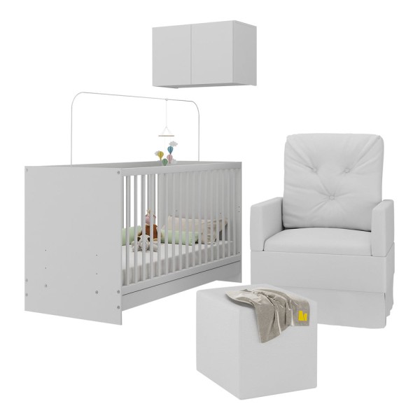 Encontraproduto.com.br - Berço 3 em 1 com Poltrona Amamentação Puff e Armário Aéreo 2 Portas Multimóveis MP4148 Branco
