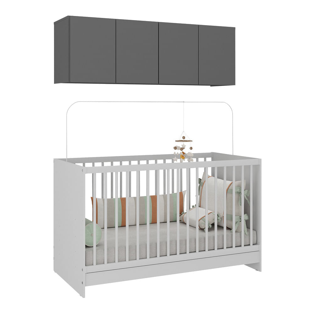 Encontraproduto.com.br - Berço 3 em 1 com Colchão e Armário Aéreo 4 portas Multimóveis MP4149 Branco/Grafite