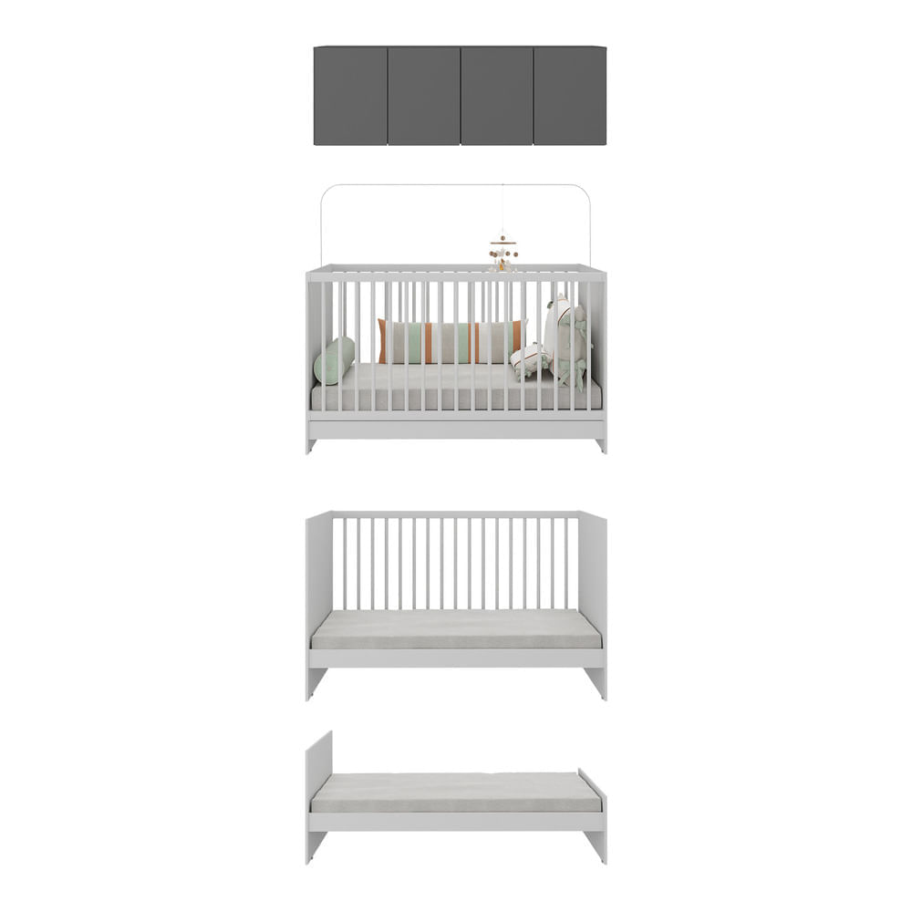 Encontraproduto.com.br - Berço 3 em 1 com Colchão e Armário Aéreo 4 portas Multimóveis MP4149 Branco/Grafite
