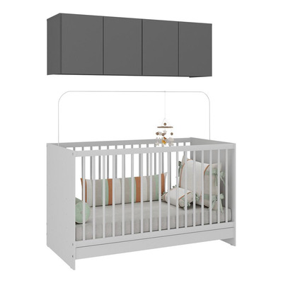 Berço 3 em 1 com Colchão e Armário Aéreo 4 portas Multimóveis MP4149 Branco/Grafite