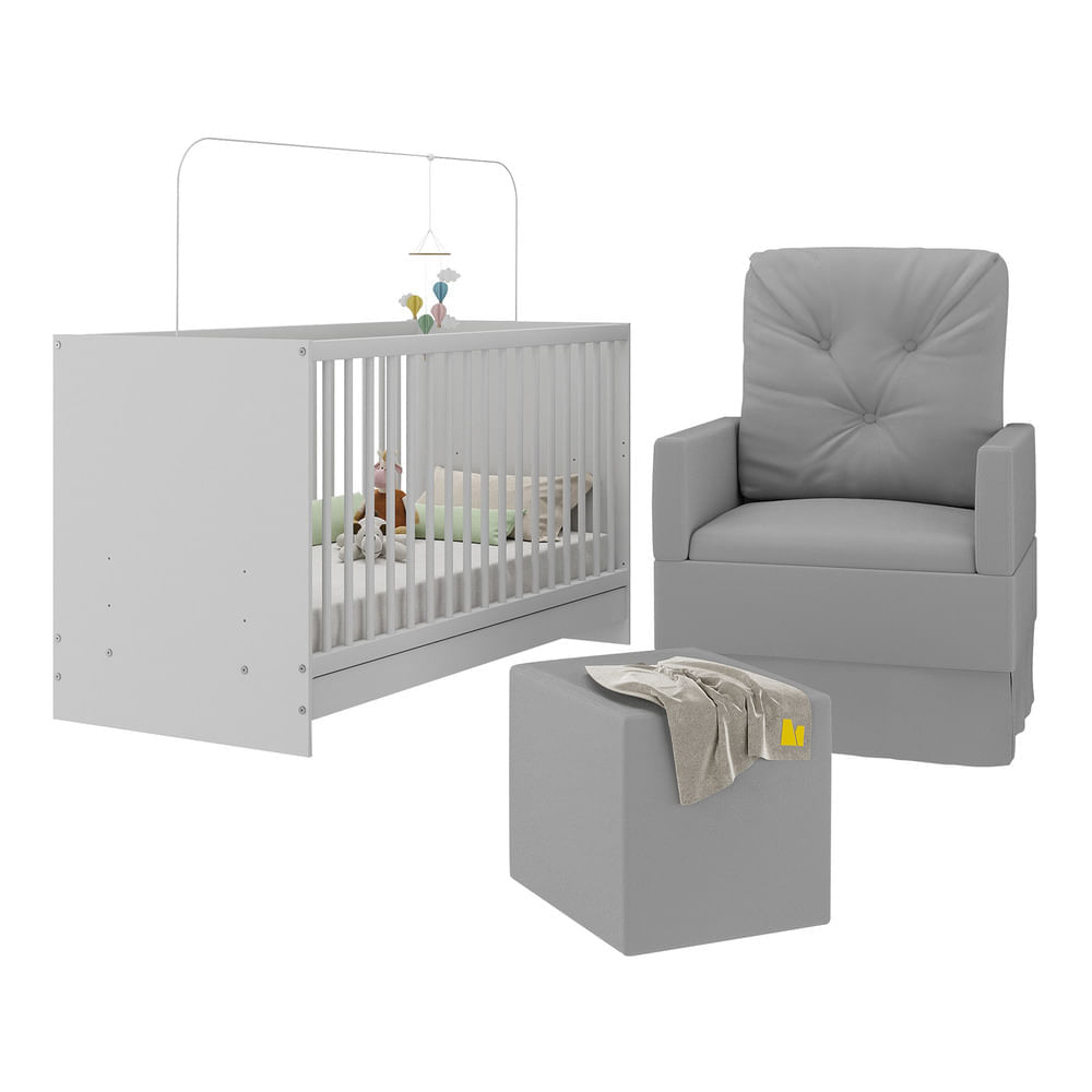 Encontraproduto.com.br - Berço 3 em 1 com Colchão Poltrona Amamentação e Puff Multimóveis MP4151 Branco/Cinza